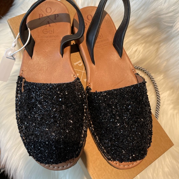 Menorquinas glitter peep toe leather black sandal - Picture 3 of 6